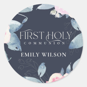 NAVY BLUSH BLUE FLORAL FRAME FIRST HOLY COMMUNION CLASSIC ROUND STICKER