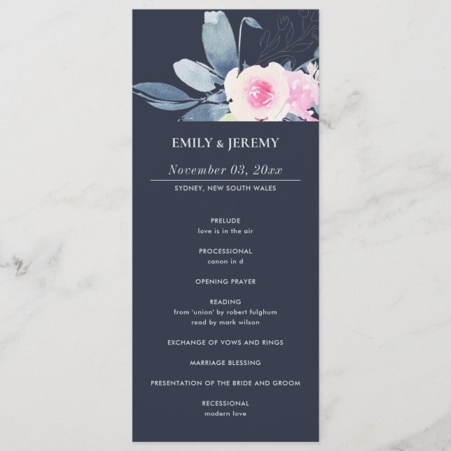 NAVY BLUSH BLUE FLORAL WEDDING CEREMONY PROGRAM (Front)