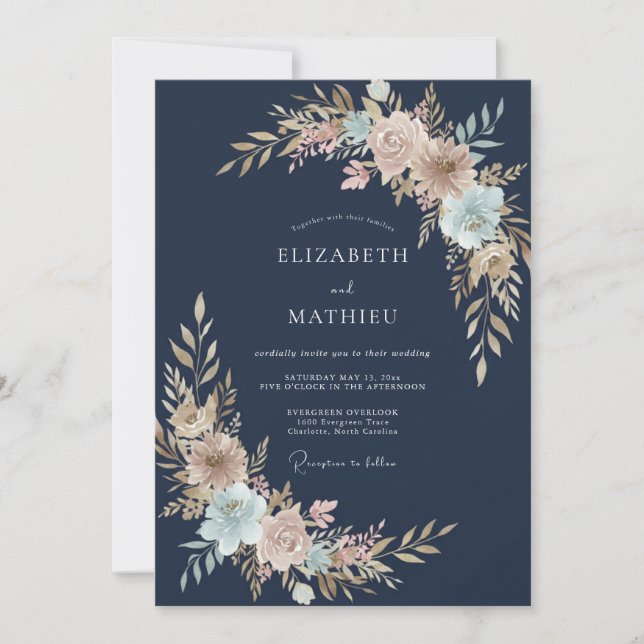 Navy Blush Botanical Flourish Wedding Invitation (Front)