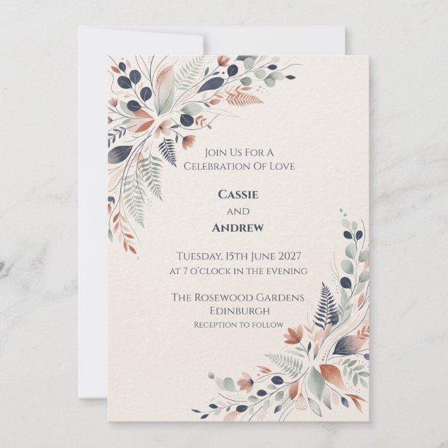 Navy Blush Botanical Line Art Wedding Invitation (Front)