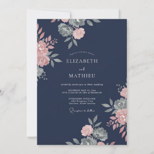 Navy Blush Botanical Watercolor Wedding Invitation