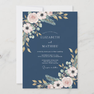 Navy Blush Botanical Wedding Invitation