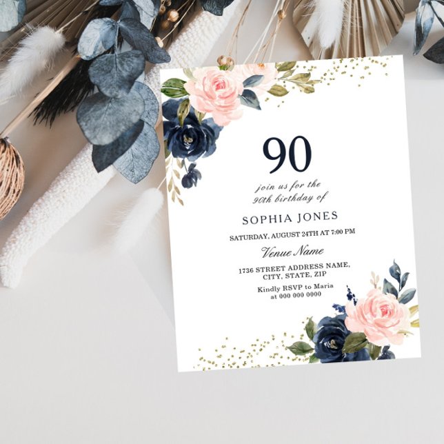 Navy & Blush Budget 90th Birthday Invitation (Creator Uploaded)