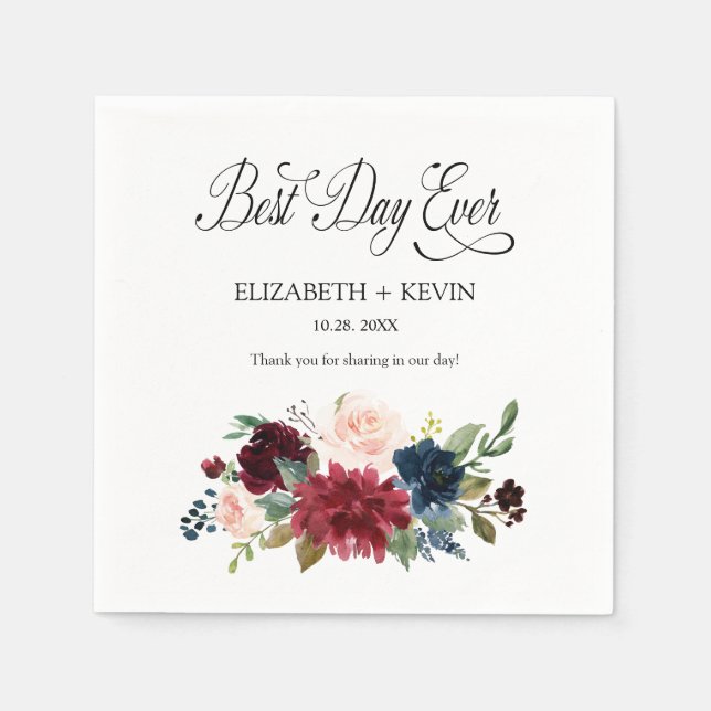 Navy Blush Burgundy Floral Best Day Ever Wedding Napkin (Front)