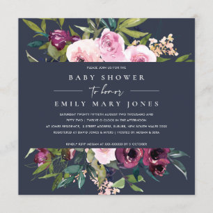 NAVY BLUSH BURGUNDY FLORAL BUNCH BABY SHOWER INVITATION