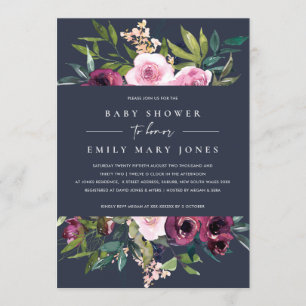 NAVY BLUSH BURGUNDY FLORAL BUNCH BABY SHOWER INVITATION