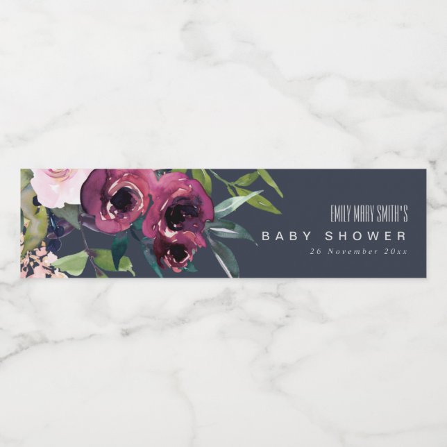 NAVY BLUSH BURGUNDY FLORAL BUNCH BABY SHOWER WATER BOTTLE LABEL (Single Label)