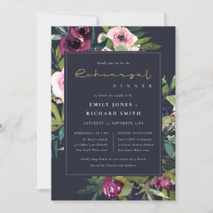 NAVY BLUSH BURGUNDY FLORAL BUNCH REHEARSAL DINNER INVITATION