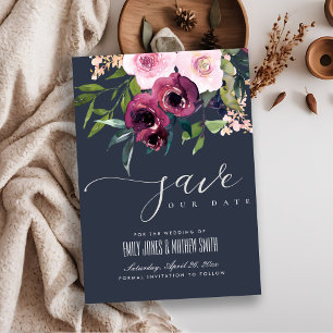 NAVY BLUSH BURGUNDY FLORAL BUNCH WEDDING SAVE THE DATE