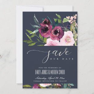 NAVY BLUSH BURGUNDY FLORAL BUNCH WEDDING SAVE THE DATE