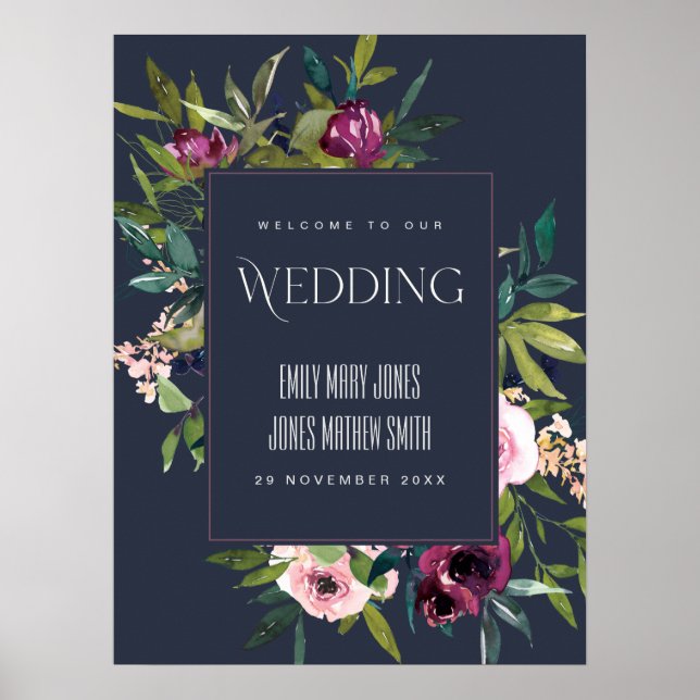 NAVY BLUSH BURGUNDY FLORAL BUNCH WEDDING WELCOME POSTER (Front)