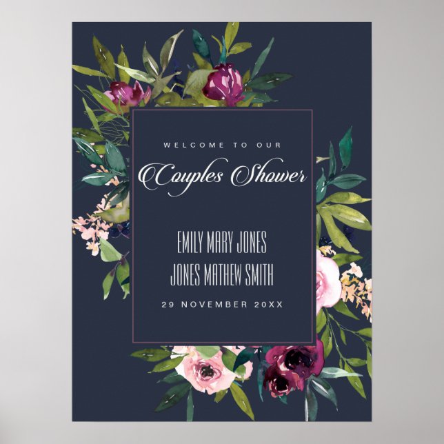 NAVY BLUSH BURGUNDY FLORAL COUPLES SHOWER WELCOME POSTER (Front)