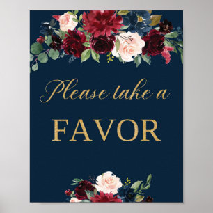 Navy blush burgundy floral favour wedding sign