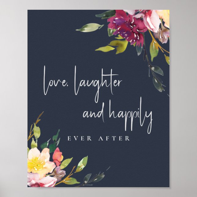 Navy Blush Burgundy Floral Love Happily Ever After Poster (Front)