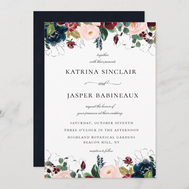 Navy Blush Burgundy Floral Wedding Invitation (Front/Back)