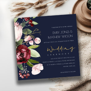 NAVY BLUSH BURGUNDY PROTEA PEONY FLORAL WEDDING INVITATION