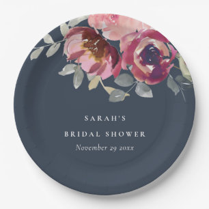 NAVY BLUSH BURGUNDY ROSE FLORAL BRIDAL SHOWER PAPER PLATE