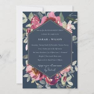 NAVY BLUSH BURGUNDY ROSE FLORAL ENGAGEMENT INVITE