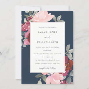 NAVY BLUSH BURGUNDY ROSE FLORAL WEDDING INVITE