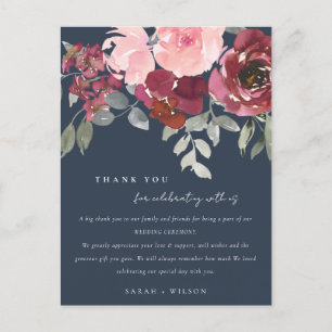 NAVY BLUSH BURGUNDY ROSE FLORAL WEDDING THANK YOU ANNOUNCEMENT POSTCARD
