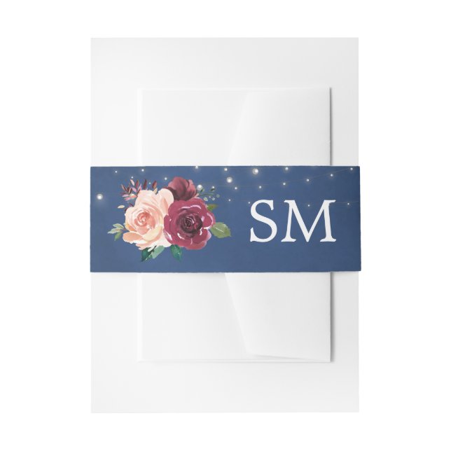 Navy Blush Burgundy Roses Lights Wedding Monogram Invitation Belly Band (Front Example)