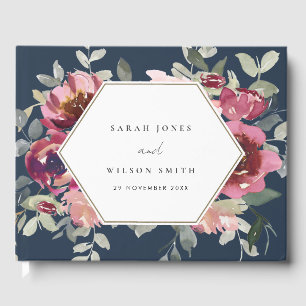 NAVY BLUSH BURGUNDY WATERCOLOR FLORAL WEDDING GUEST BOOK