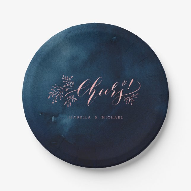 Navy blush calligraphy cheers rustic floral party paper plate (Front)