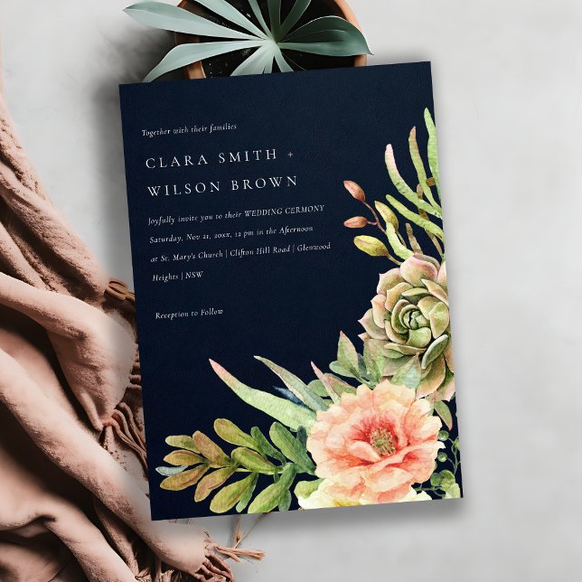 NAVY BLUSH DESERT SUCCULENT CACTI FOLIAGE WEDDING INVITATION (Creator Uploaded)