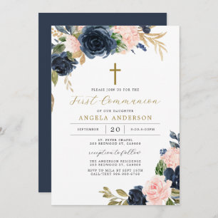 Navy Blush First Communion Invitation