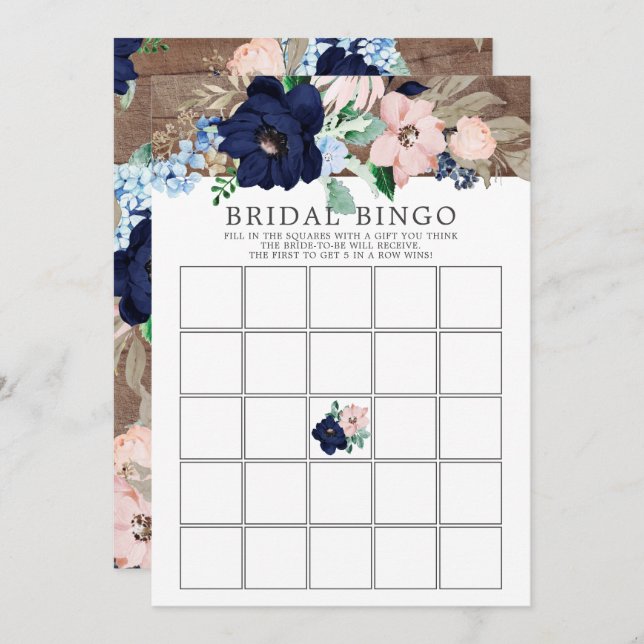 Navy & Blush Floral BINGO Bridal Shower Game Invitation (Front/Back)