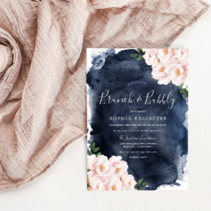 Navy & Blush Floral Bridal Shower Brunch & Bubbly Invitation