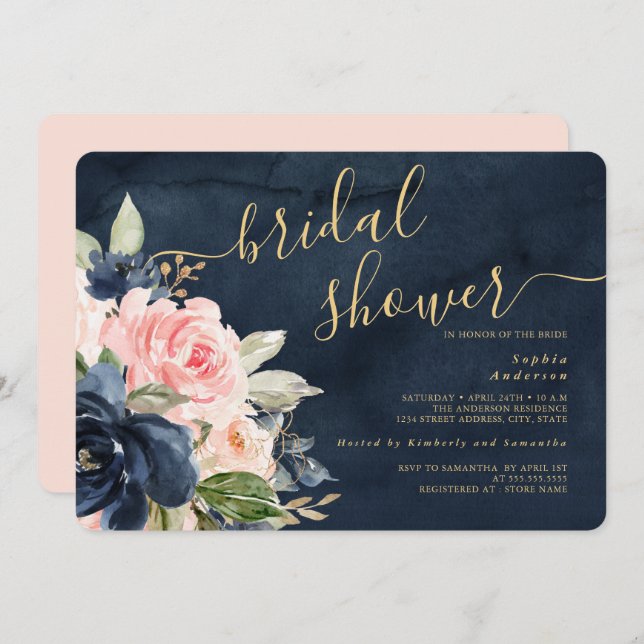 Navy Blush Floral Bridal Shower Invitation (Front/Back)