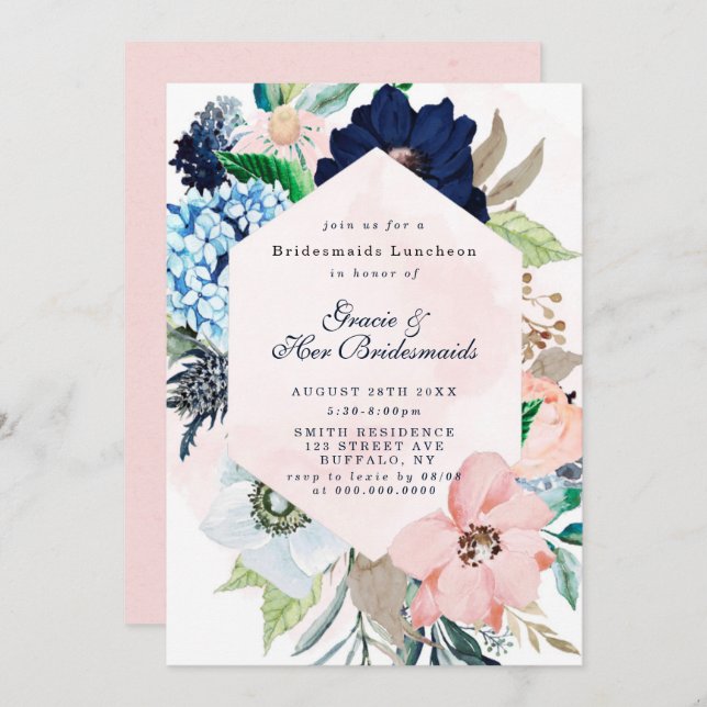 Navy Blush Floral Bridesmaids Luncheon Invites (Front/Back)