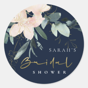 NAVY BLUSH FLORAL BUNCH WATERCOLOR BRIDAL SHOWER CLASSIC ROUND STICKER