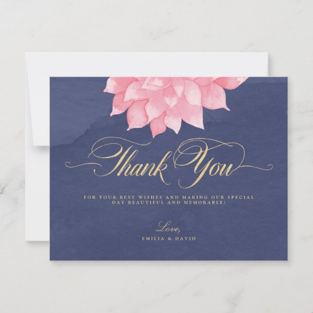 Navy Blush Floral Dahlia Wedding Thank You Card (Front)