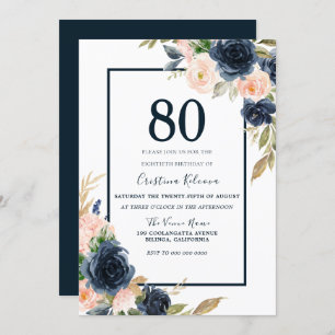 Navy & Blush Floral Elegant 80th Birthday Party Invitation