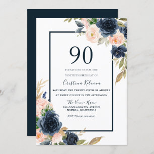 Navy & Blush Floral Elegant 90th Birthday Party Invitation