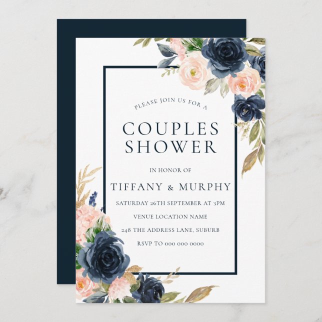 Navy & Blush Floral Elegant Couples Shower Invitation (Front/Back)