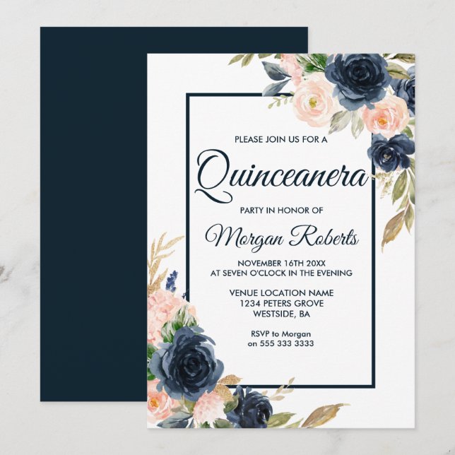 Navy & Blush Floral Elegant Quinceanera Party Invitation (Front/Back)