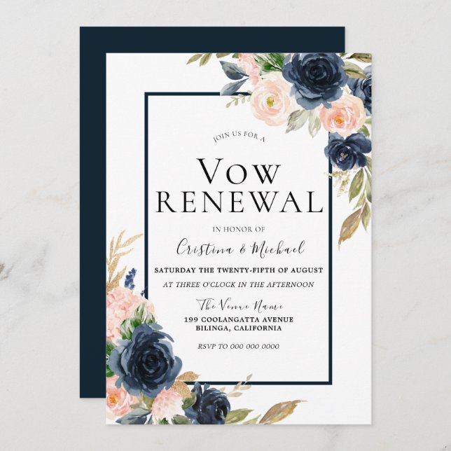 Navy & Blush Floral Elegant Vow Renewal Invitation (Front/Back)