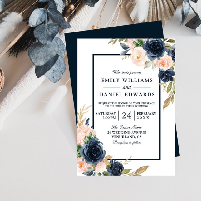 Navy & Blush Floral Elegant Wedding Invitation (Creator Uploaded)