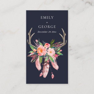 NAVY BLUSH FLORAL FEATHER ANTLER WEDDING THANK YOU BUSINESS CARD