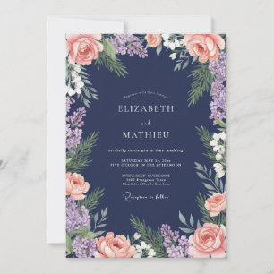 Navy Blush Floral Flourish Wedding Invitation