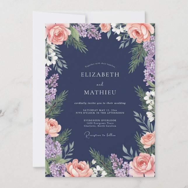 Navy Blush Floral Flourish Wedding Invitation (Front)