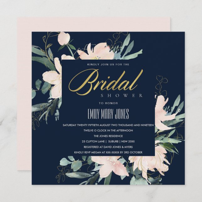 NAVY BLUSH FLORAL FRAME WATERCOLOR BRIDAL SHOWER INVITATION (Front/Back)