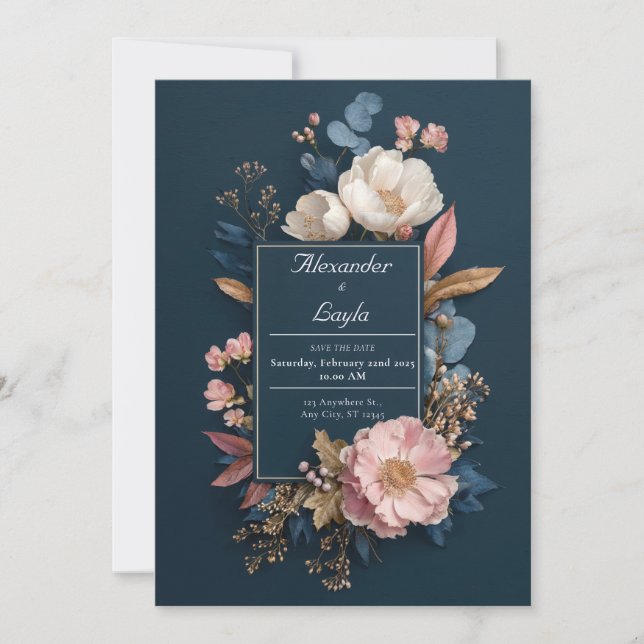 Navy & Blush Floral Frame Wedding  Invitation (Front)