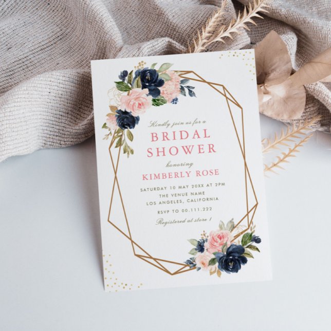 Navy & blush floral geometric bridal shower invitation (Creator Uploaded)