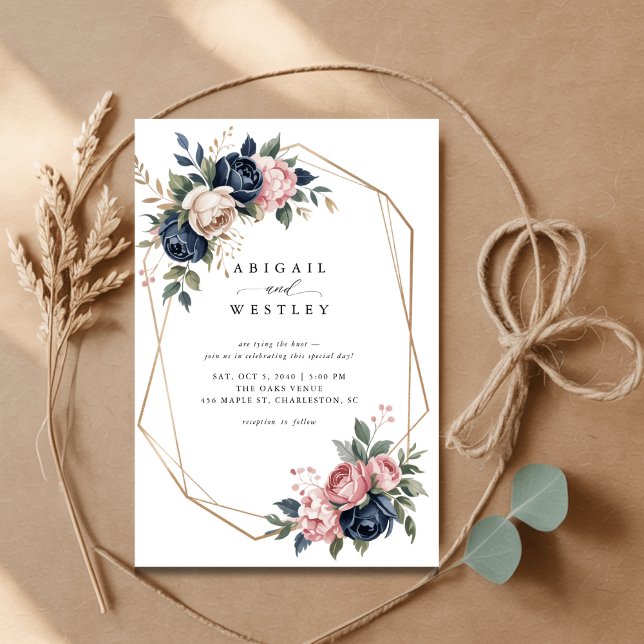 Navy Blush Floral Geometric Elegant Script Wedding Invitation (Creator Uploaded)