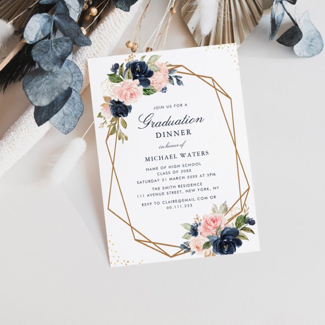 Navy & blush floral geometric graduation dinner invitation (Creator Uploaded)