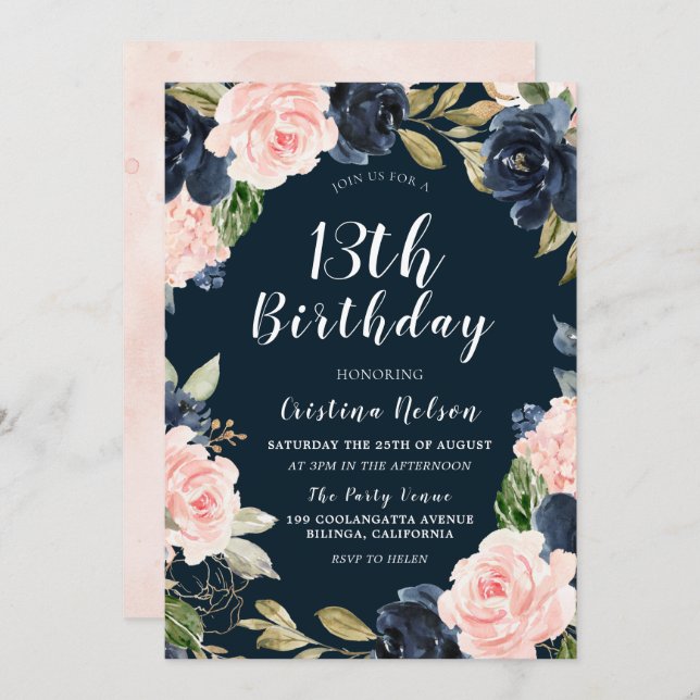 Navy Blush Floral Girls Boys 13th Birthday Party Invitation (Front/Back)